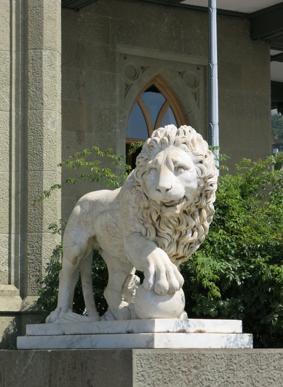One of the several Medici lions flanking the tiers of steps leading from the rear facade down the cliff overlooking the Black Sea